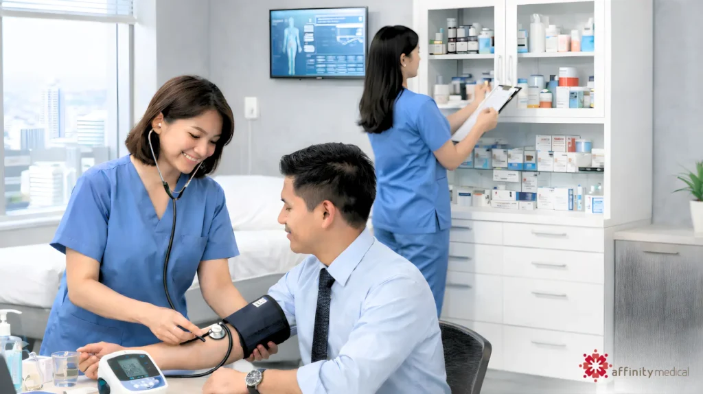 Filipino occupational health nurse checking a male employee’s blood pressure inside a modern company clinic while another nurse organizes medical supplies in the background.