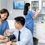 Filipino occupational health nurse checking a male employee’s blood pressure inside a modern company clinic while another nurse organizes medical supplies in the background.