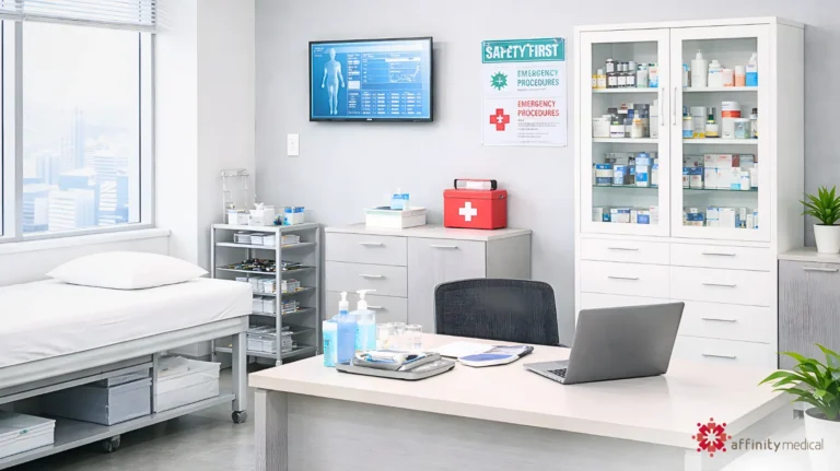 Clean and fully equipped corporate company clinic with examination bed, medical supply cabinet, office desk, health posters, and wall-mounted TV display.