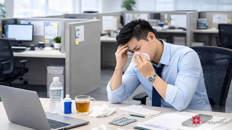 Sick office employee struggling to work at desk with medicine and tissues, highlighting workplace absenteeism and occupational health concerns.