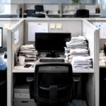 Empty office cubicle with turned-off computer and stacks of pending paperwork between two working employees in a corporate office.