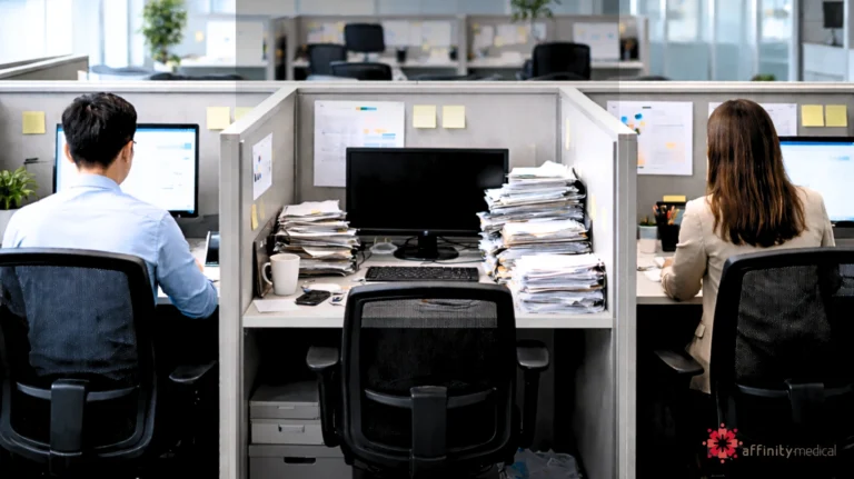 Empty office cubicle with turned-off computer and stacks of pending paperwork between two working employees in a corporate office.