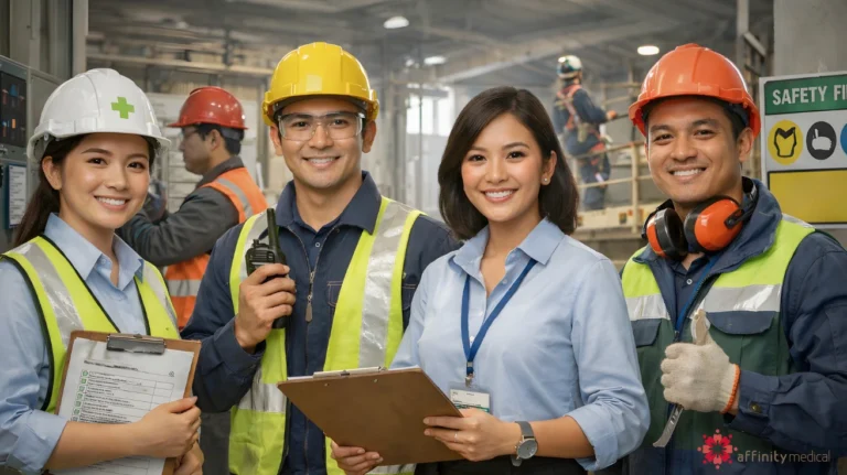 Filipino employees in an industrial workplace wearing personal protective equipment while conducting a safety inspection in compliance with DOLE Occupational Safety and Health Standards.