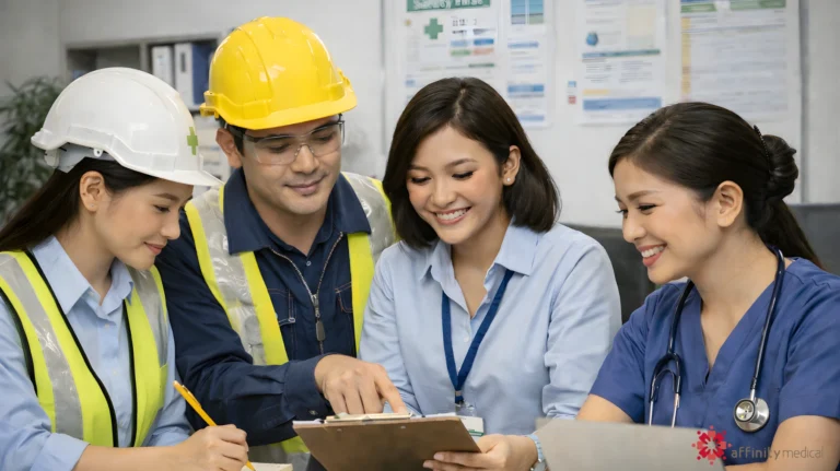 Filipino safety officers and an occupational health nurse discussing workplace safety protocols and reviewing documents in a corporate office setting.