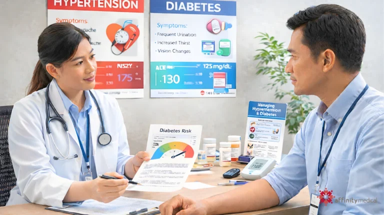 Filipina doctor consulting a Filipino male employee about hypertension and diabetes in a clinic office, reviewing a diabetes risk chart with educational posters in the background.