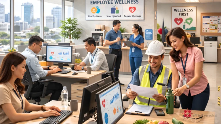 Filipino employees working in a modern office with a wellness-focused environment, collaborating at desks with health posters promoting healthy meals, hydration, and regular checkups in the background.