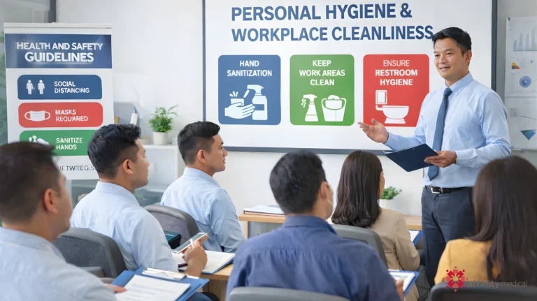 Office employees attending a workplace seminar on personal hygiene and cleanliness, with a presenter explaining health guidelines using a visual display.