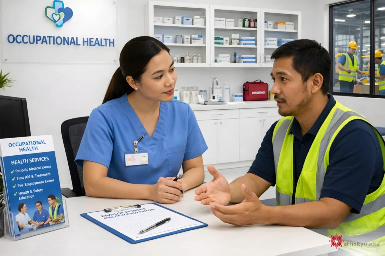 Filipino occupational nurse consulting with a male employee inside a clean workplace clinic while reviewing his health concerns.
