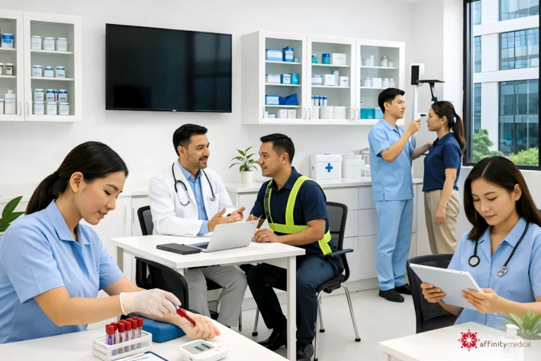 Filipino employees undergoing health screening in a company clinic including blood testing, consultation, and temperature check.