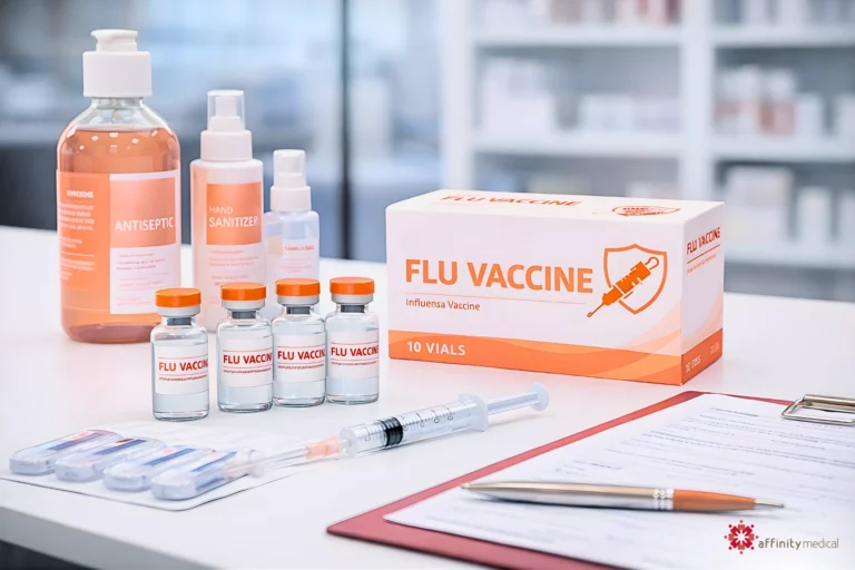 Flu vaccine vials, syringe, antiseptic bottles, and vaccination supplies arranged neatly on a table in a clinical setting.