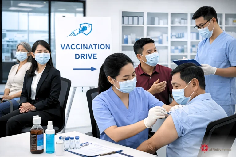 Filipino employees wearing masks participate in a workplace vaccination drive while a nurse administers a flu shot and another reviews patient information.