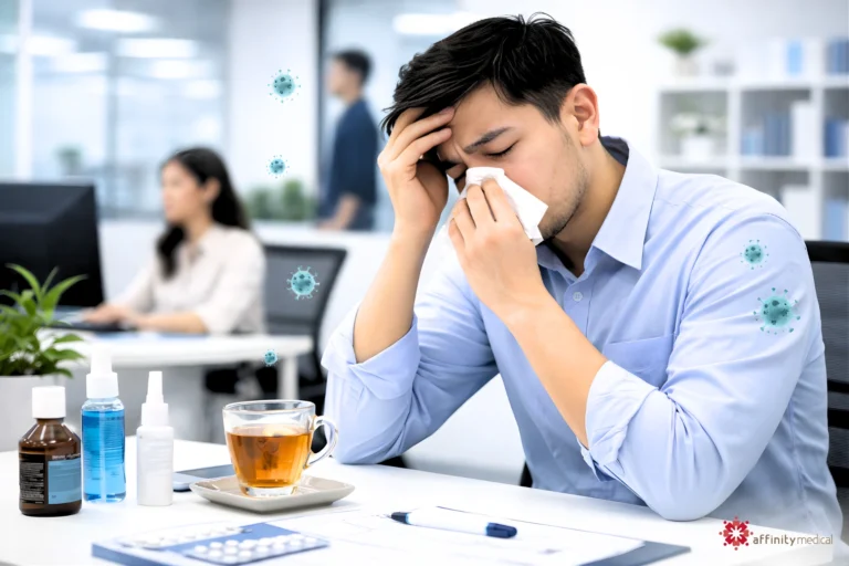 Filipino office worker showing flu symptoms, holding a tissue and touching his forehead, with minimal virus illustrations around him.