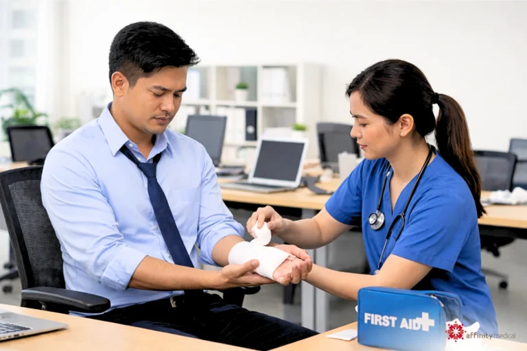 Filipino occupational health nurse in blue scrubs bandaging the hand of an injured office employee during a first aid treatment in a workplace clinic.