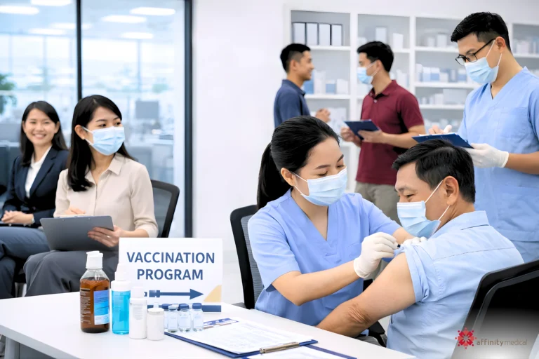 Occupational nurse administering a vaccine to an employee during a corporate workplace vaccination program with medical staff and supplies in a clinic setting