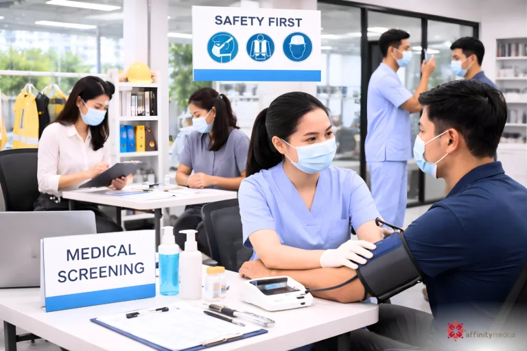 Occupational nurse checking an employee’s blood pressure during a workplace medical screening with safety signage and healthcare staff in a corporate clinic