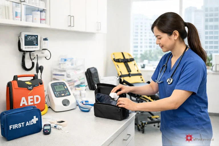 Filipino occupational health nurse organizing first aid kit, AED, blood pressure monitor, and glucose testing supplies inside a workplace clinic.