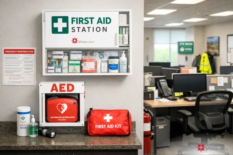 A workplace first aid station with a stocked medical cabinet, AED device, and first aid kit in an office environment.