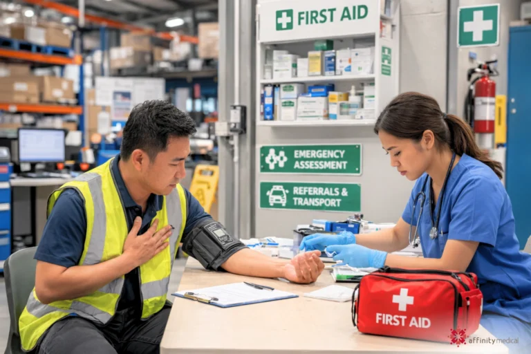A Filipino worker receiving a medical assessment from a nurse in blue scrubs at a workplace first aid station.