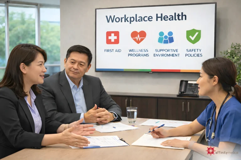 Filipino company executives meeting with an occupational health nurse to discuss workplace health programs in a conference room.